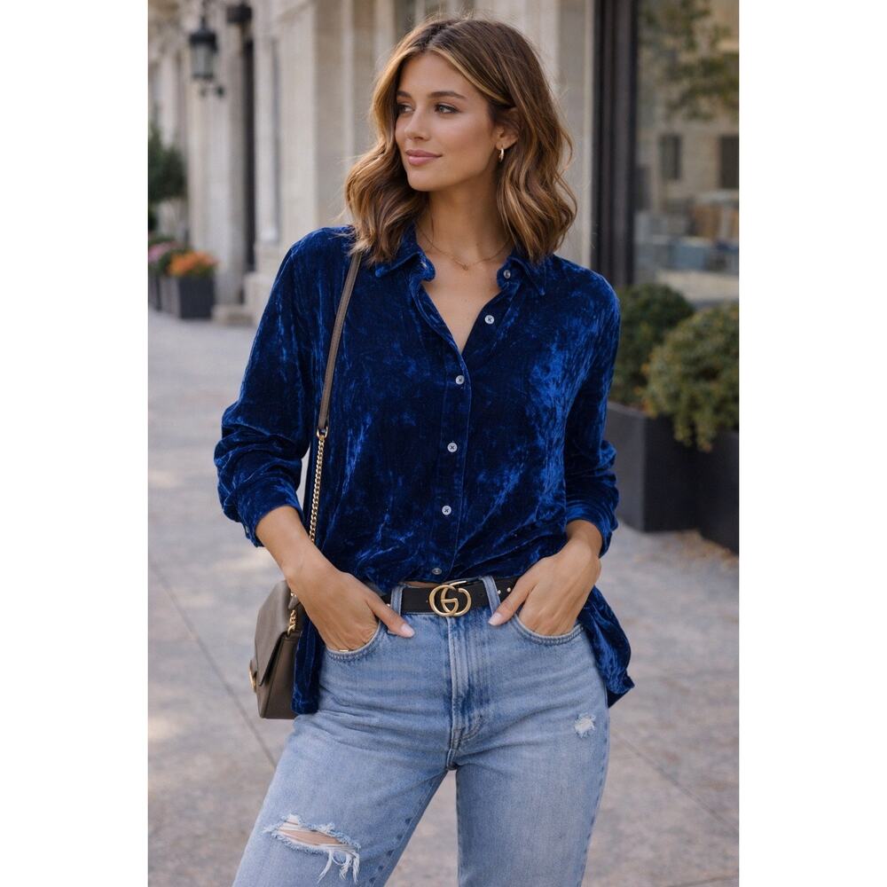Guerra‎ New York XL Blue Velvet Button Down Oversized Shirt Collared Y2K Preppy